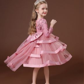 Kid Girl Floral Embroidered Bowknot Design Tailing Princess Costume Party Mesh Layered Dress